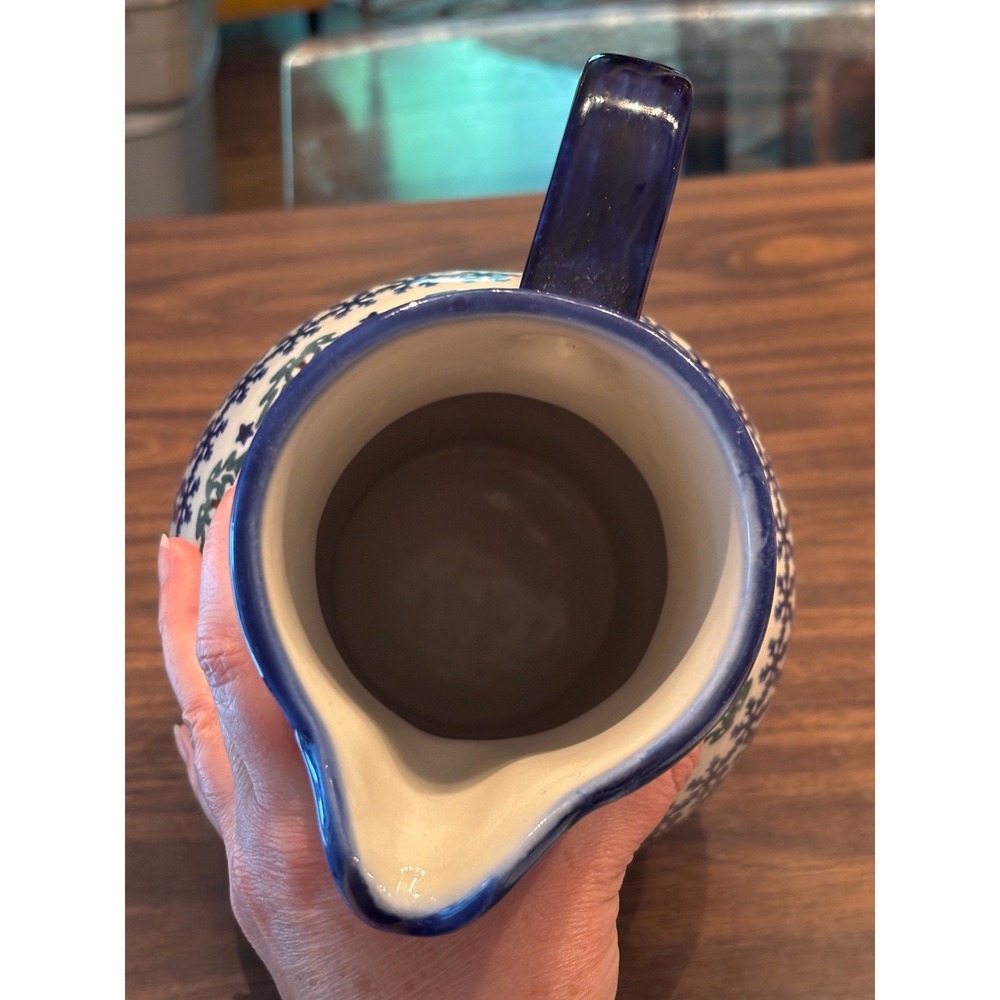 Boleslawiec Polish Pottery Pitcher Snowflake Holly Candle Hand Made Poland Blue - Picture 6 of 10